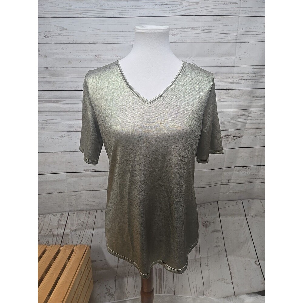 CHICO'S Women's Gold Apparel Metallic Foil Short Sleeve Tee Sz 0 Small V Neck